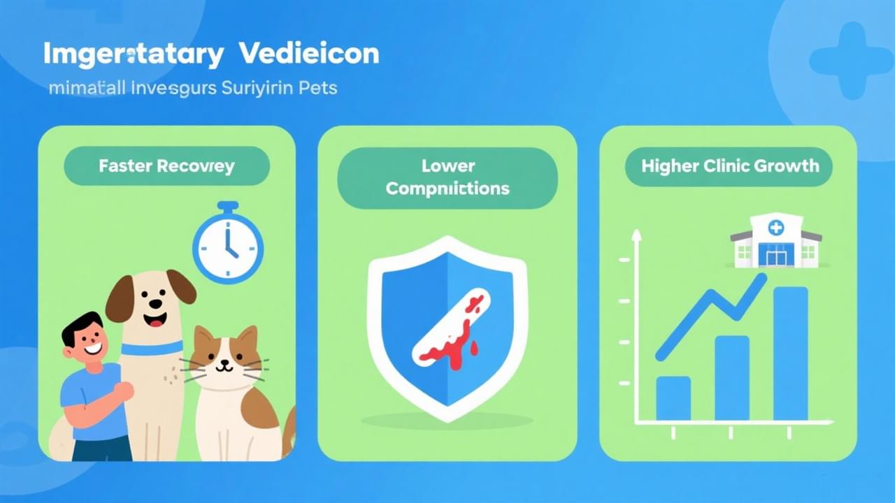 Infografica che mostra i vantaggi della chirurgia mininvasiva negli animali domestici: recupero più rapido, meno complicazioni e maggiore crescita clinica