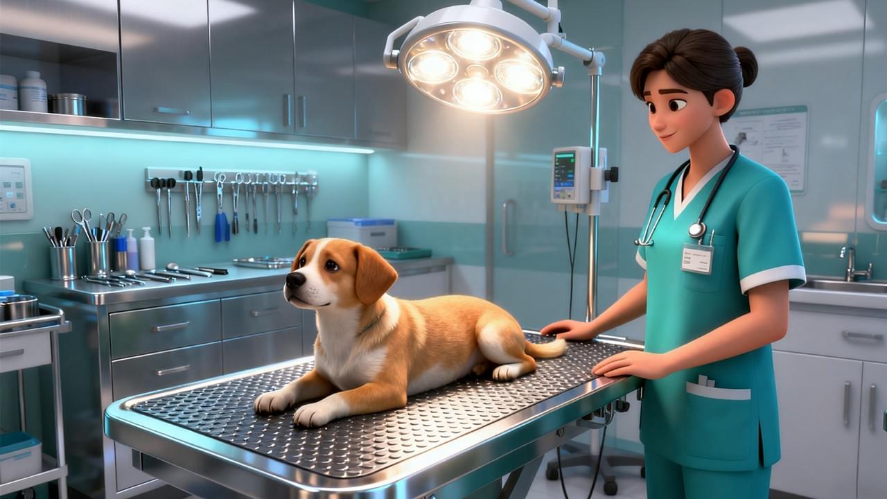 Modern bir veteriner kliniğinde evcil hayvanlar ve veteriner hekimler için konfor ve çok yönlülük sağlayan evcil hayvan bakım ve ameliyat masası.