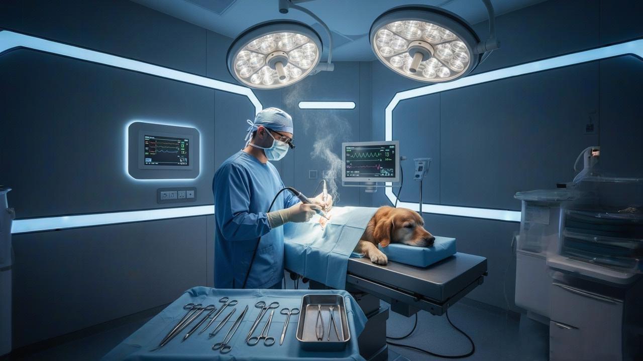 Hayvan cerrahisi sırasında hassas kesim ve hemostaz için elektrocerrahi ekipmanı kullanan veteriner hekim.
