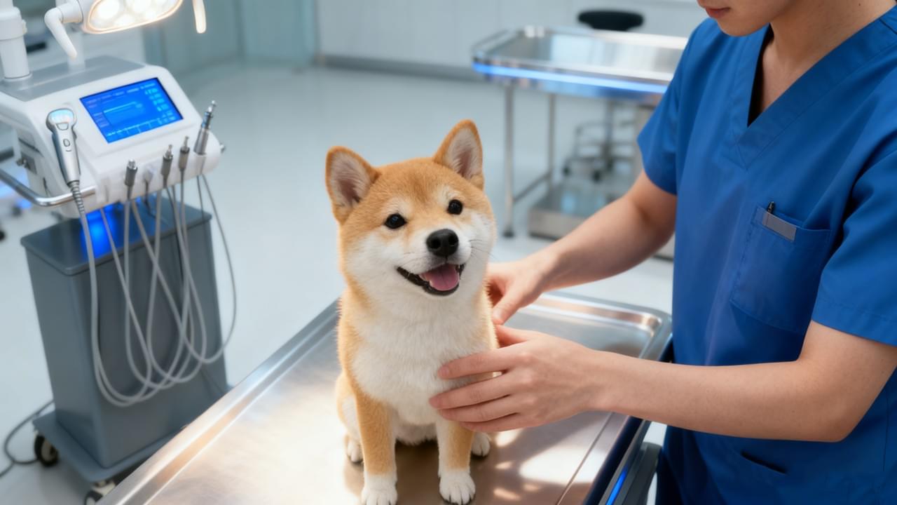 İleri düzey veteriner diş ekipmanları için mevcut olan esnekliği ve modern teknolojiyi gösteren, cerrahi masanın yanında konumlandırılmış krom detaylara sahip tam özellikli Mobil Veteriner Diş Ünitesi.