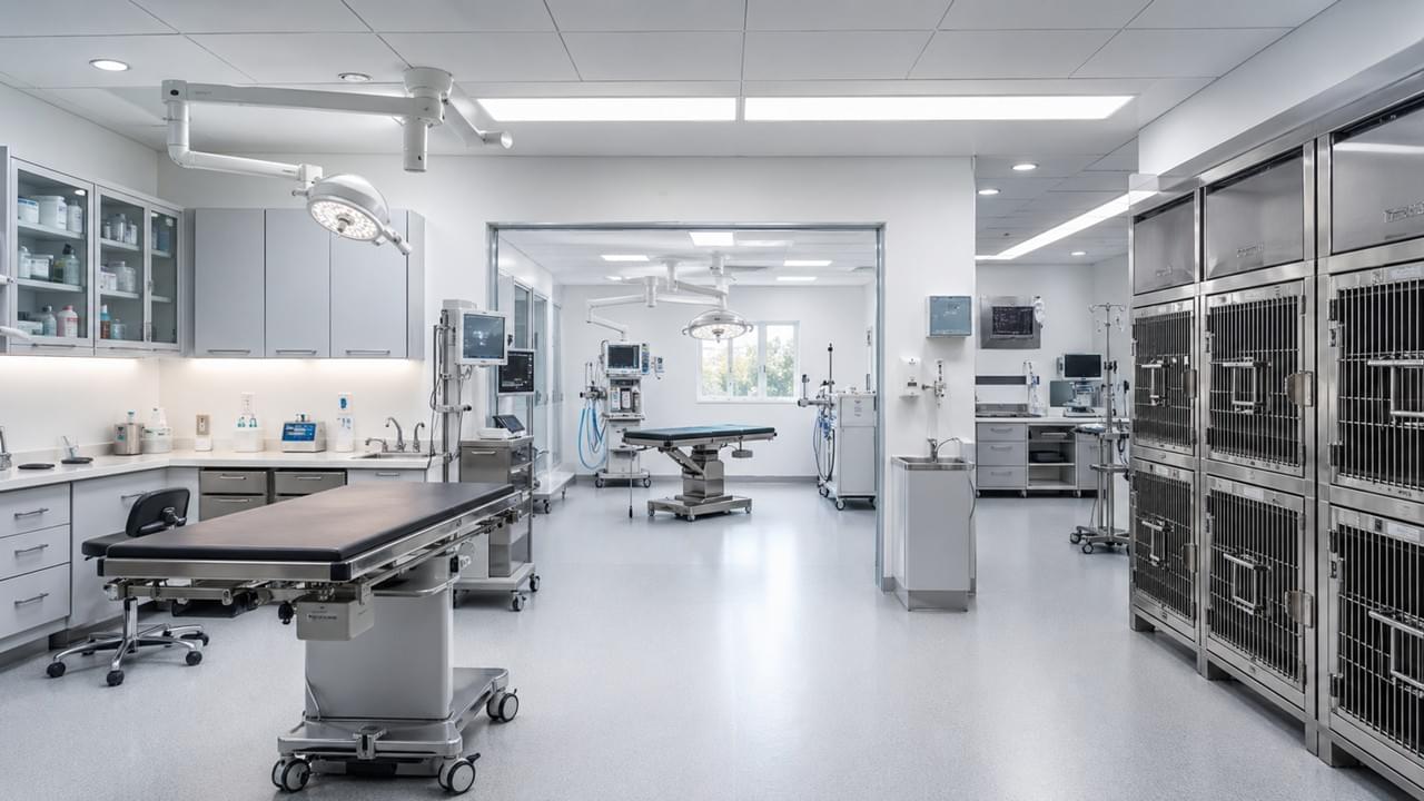 One-stop veterinary equipment solutions showing complete clinic supply including imaging, surgical, and ICU systems