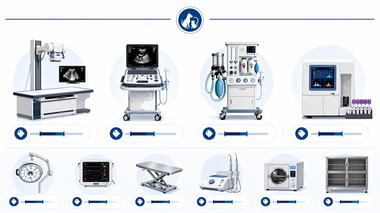 Referencias de costos de equipos veterinarios para 2026 que muestran rangos de precios para sistemas de imagen, quirúrgicos y de laboratorio.