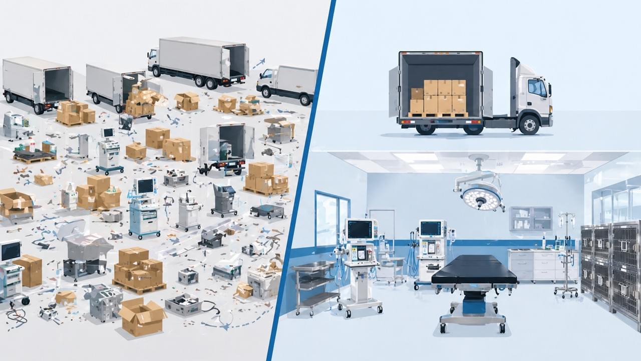 One-stop veterinary equipment procurement versus multi-vendor sourcing comparison showing time and cost advantages
