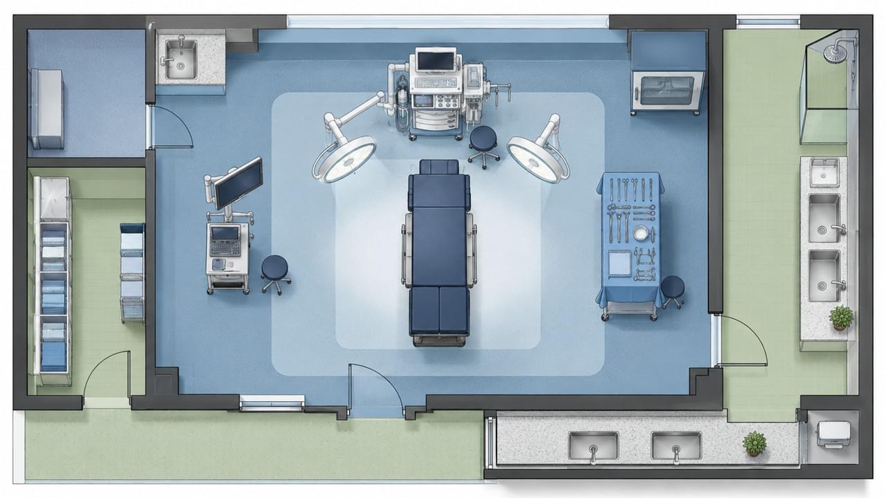 How to design an efficient veterinary operating room showing layout with surgery table, OR lights, and anesthesia system