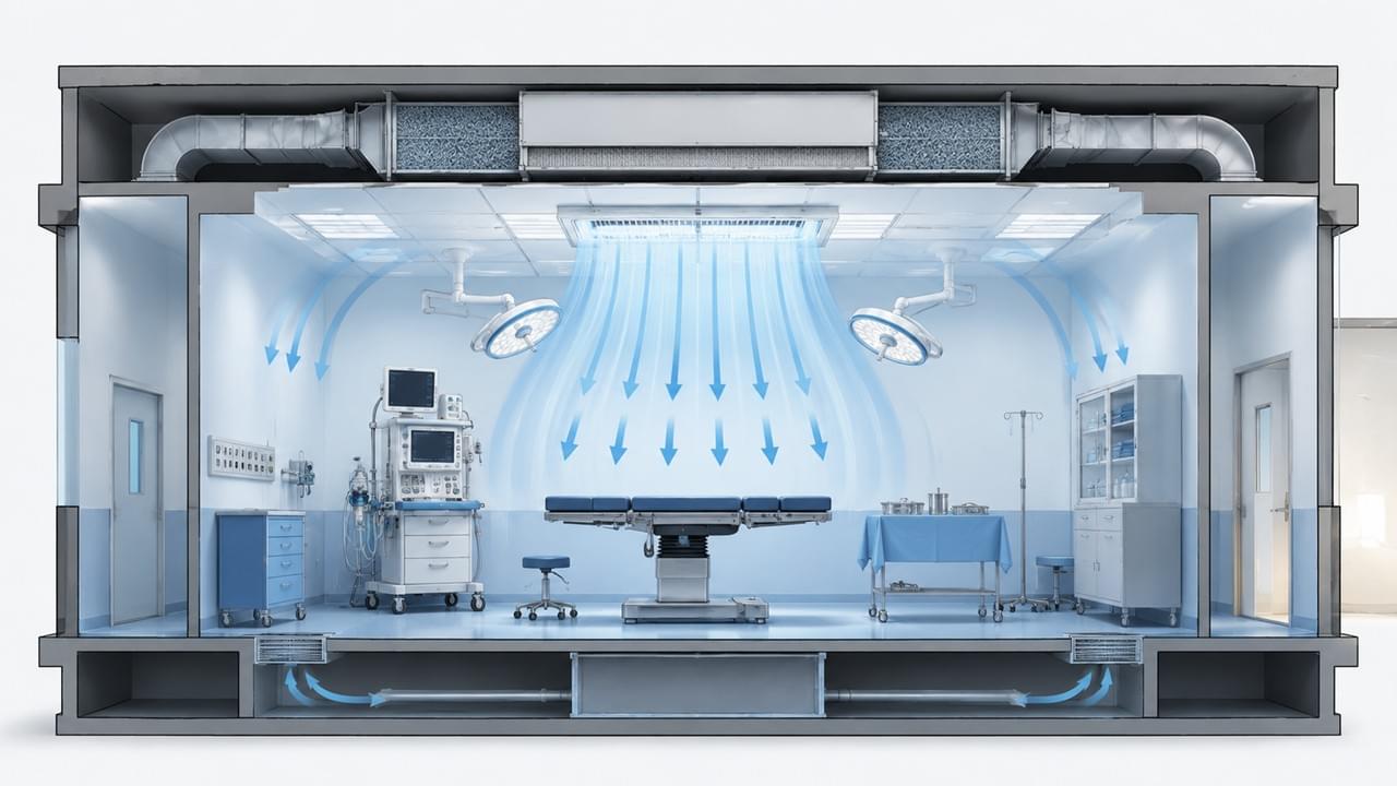 Veterinary operating room ventilation and airflow design showing HEPA laminar flow ceiling unit and positive pressure setup