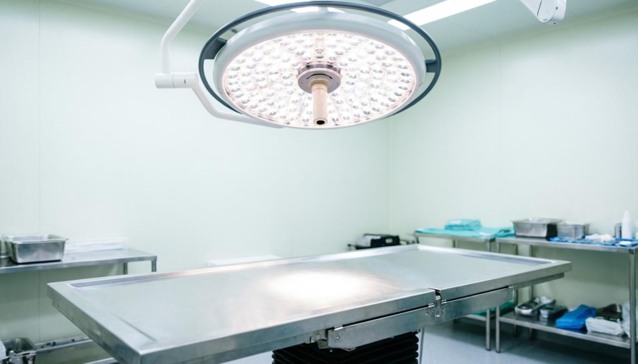  Veterinary surgery table with tilting function and ceiling-mounted LED OR lights in a modern operating room