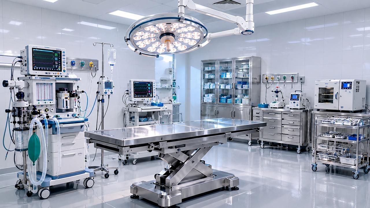 Veterinary surgical suite equipment showing anesthesia machine, surgery table, LED OR lighting, and patient monitoring systems