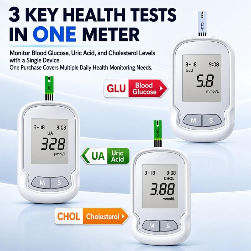 Misuratore di salute 3 in 1 per il controllo della glicemia, dell'acido urico e del colesterolo.