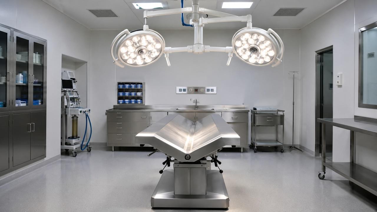 Choisir une table de chirurgie vétérinaire et des éclairages de bloc opératoire montrant une table à plateau en V en acier inoxydable sous un éclairage chirurgical LED monté au plafond