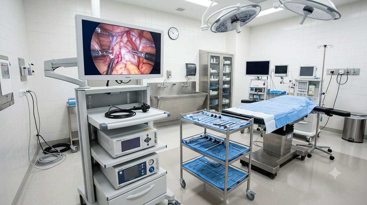 Veterinary MIS Trends in veterinary medicine showing laparoscopy equipment stack with HD camera and monitor