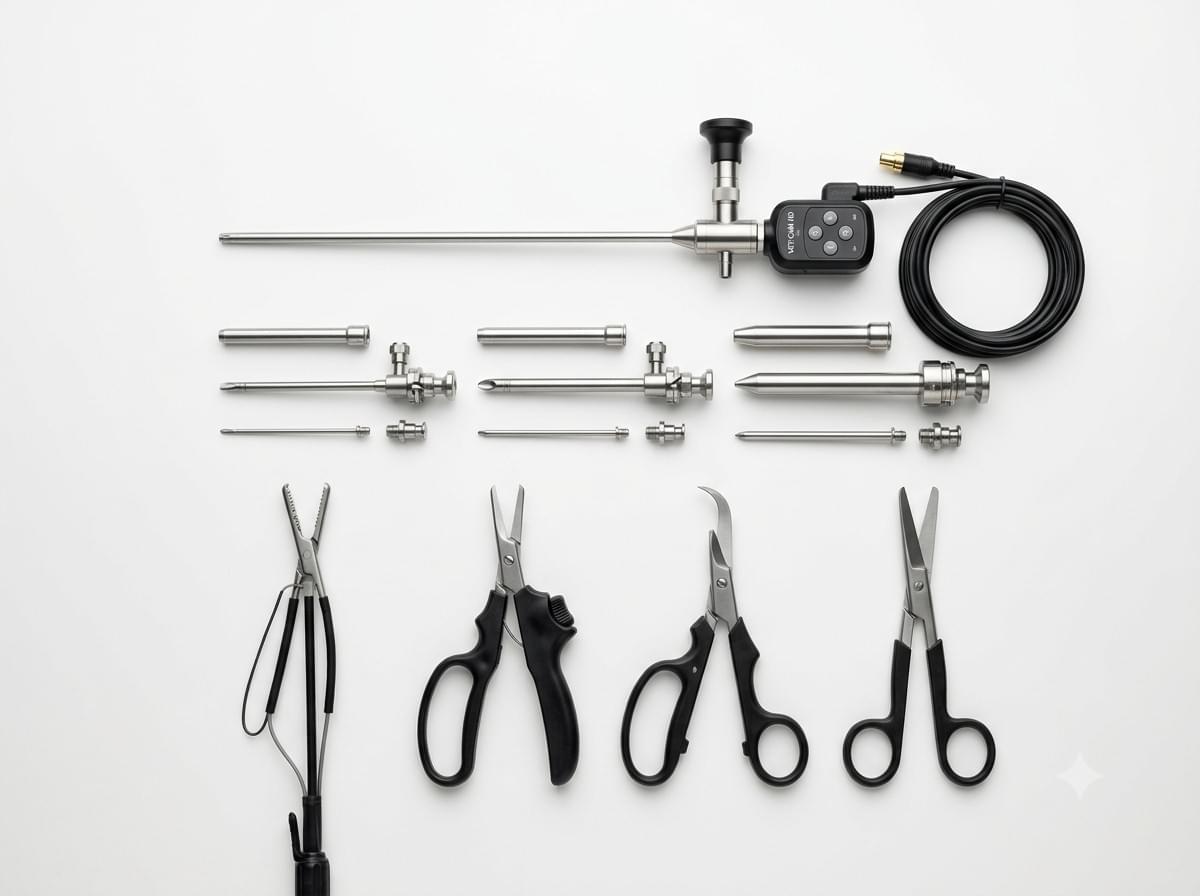 Veterinary laparoscopy equipment stack components including camera system, insufflator, light source, and trocar set