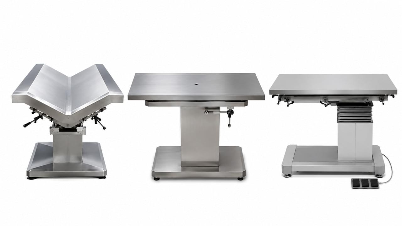 Veterinary surgery table types comparison showing V-top, flat-top, and hydraulic lift configurations