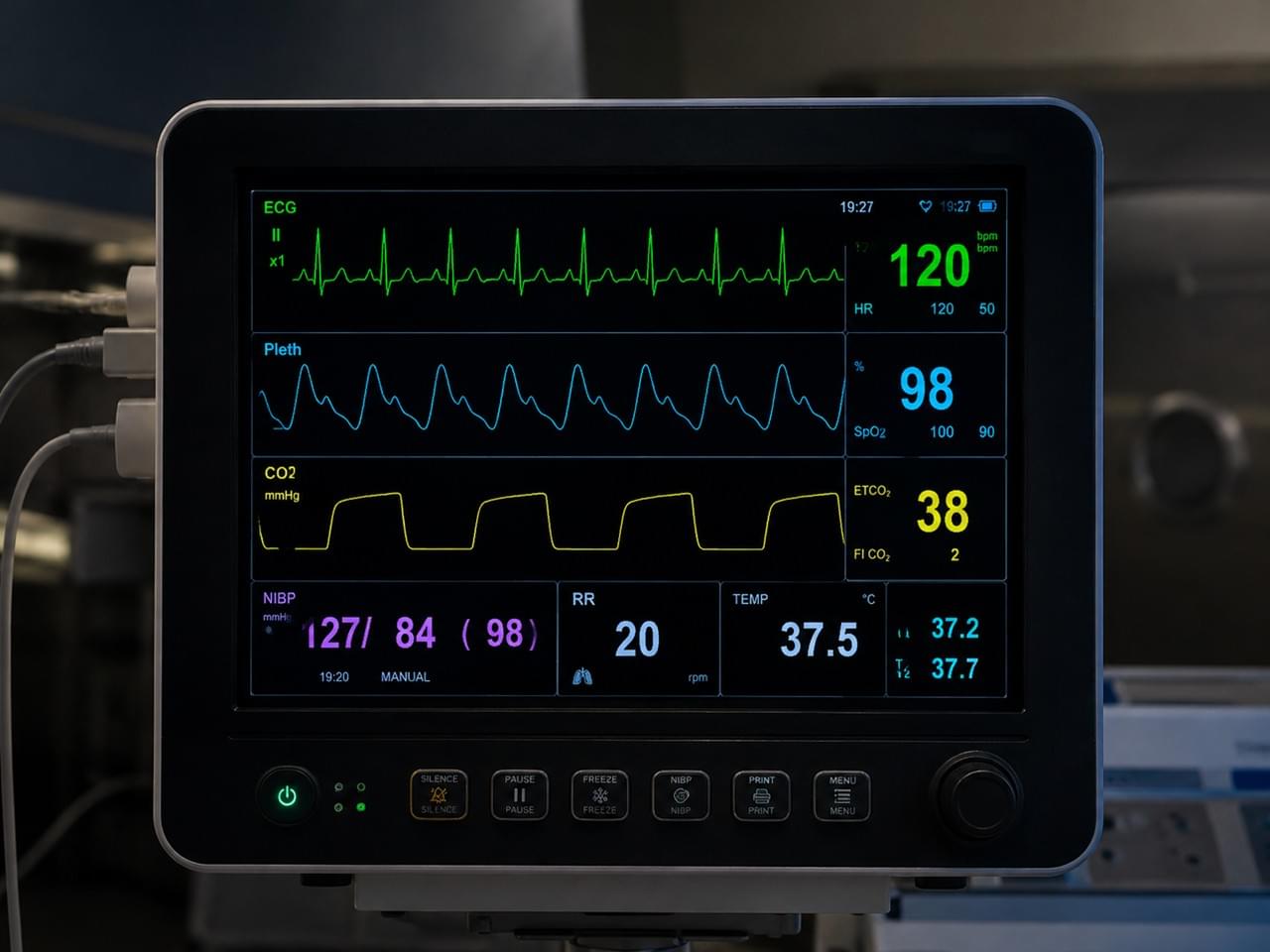 Veterinary ventilator and intraoperative monitoring system showing EtCO2 capnography and multi-parameter display