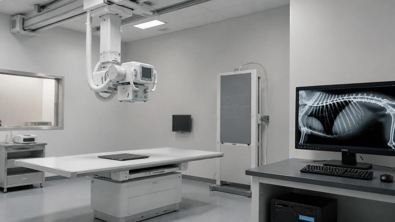 Veterinary digital X-ray system with flat panel detector showing high-resolution radiograph on clinical workstation