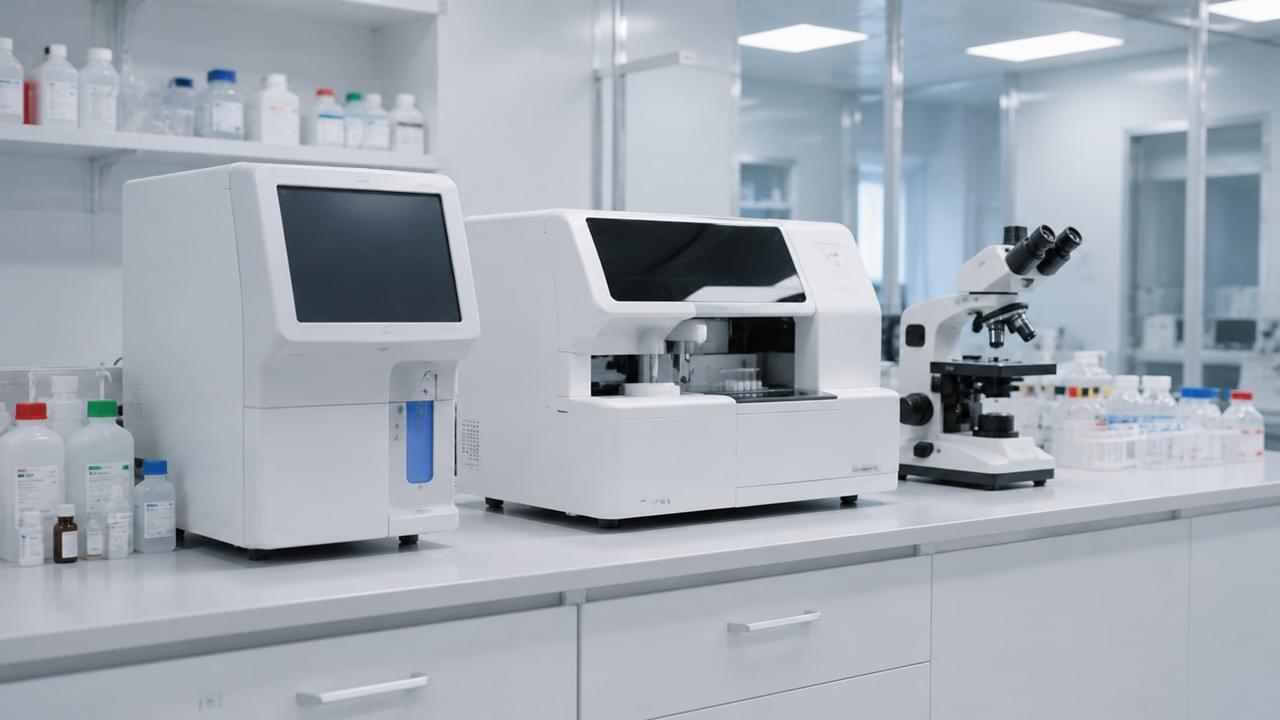 Veterinary in-house laboratory equipment setup with hematology analyzer, chemistry analyzer, and microscope