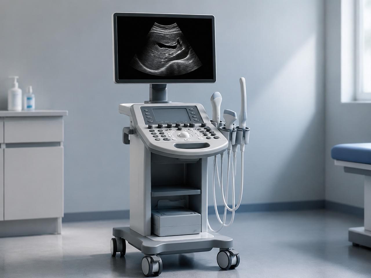 Veterinary ultrasound equipment showing portable cart-based system with probe and clinical imaging display