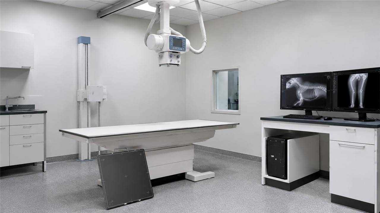 Digital X-ray systems for veterinary clinics showing flat panel detector, ceiling-mounted X-ray tube, and clinical workstation