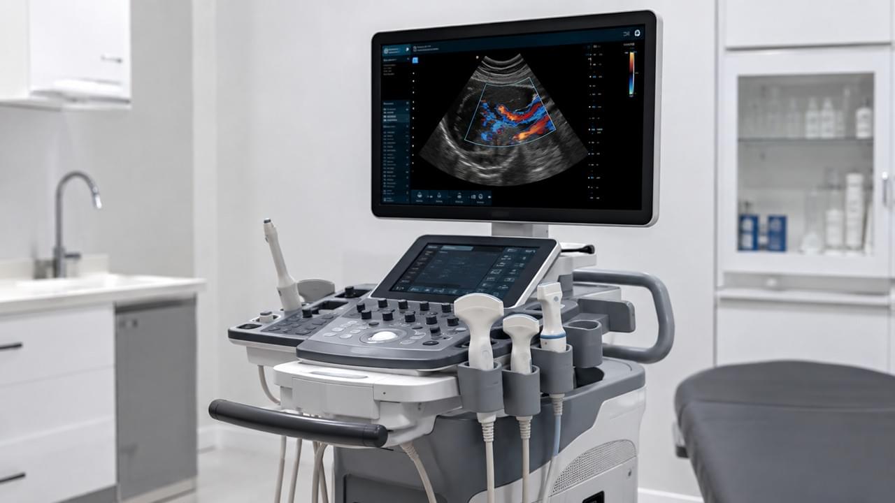 How to choose veterinary ultrasound equipment showing cart-based system with multiple probes and Doppler imaging display