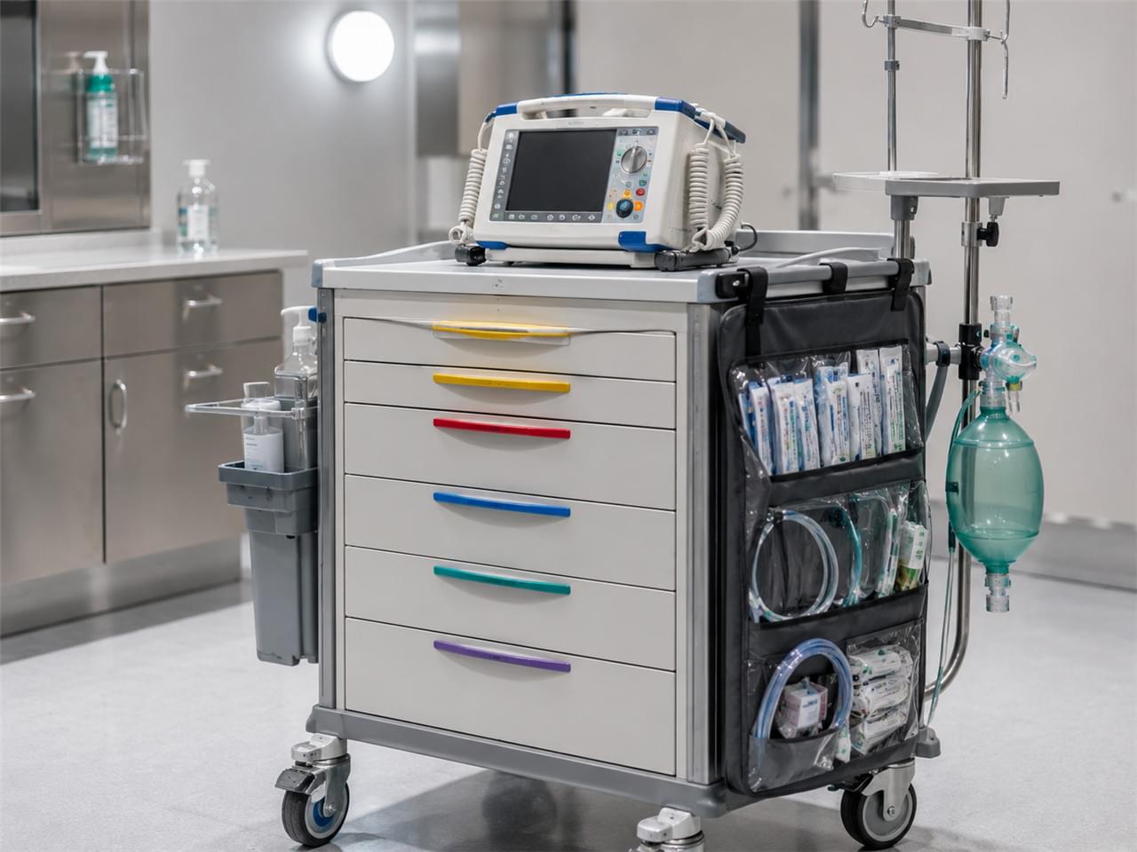 Veterinary crash cart emergency equipment including defibrillator, endotracheal tubes, and emergency drug kit