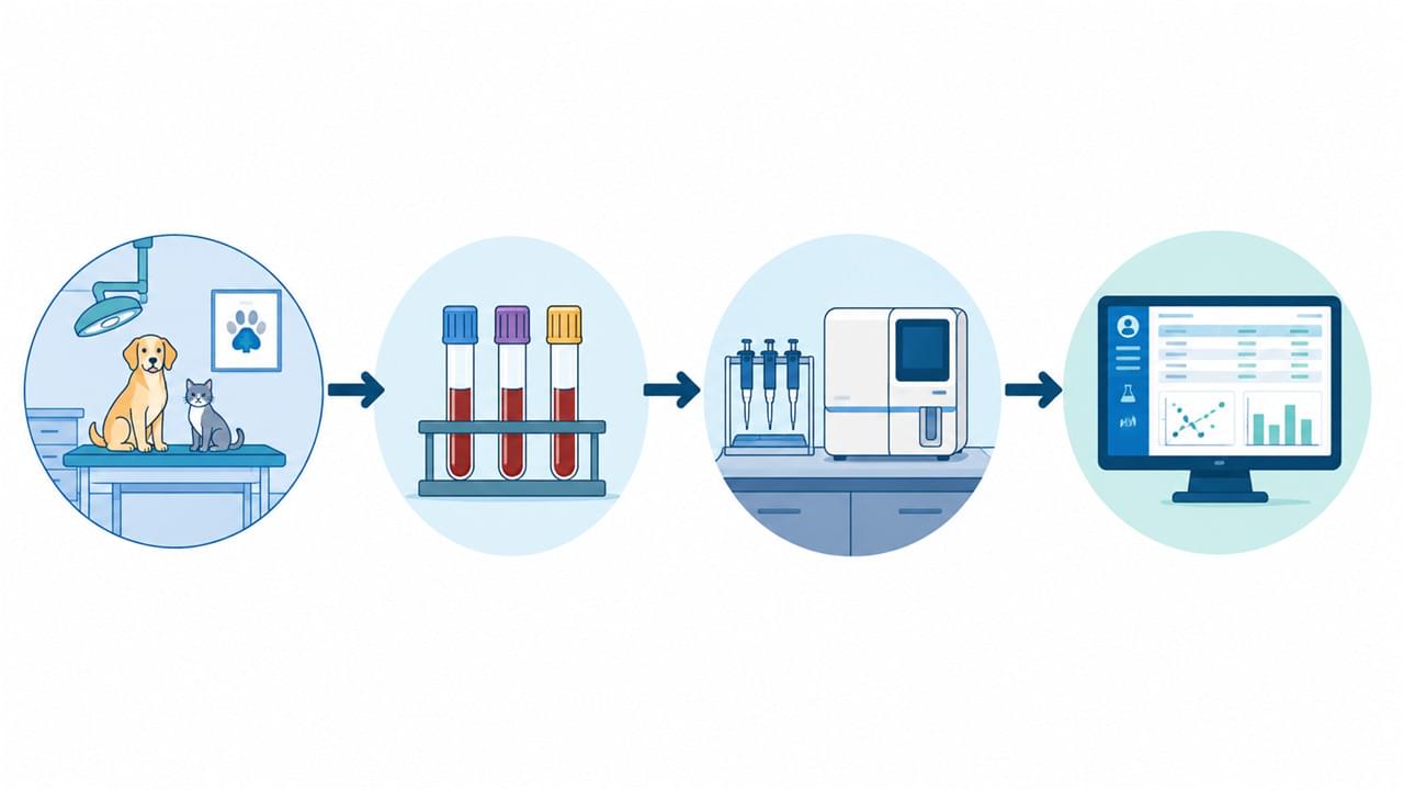 Veterinary diagnostic sample workflow routing from examination room to in-house laboratory analyzer