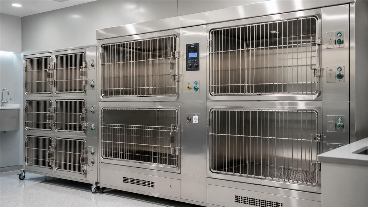 Veterinary ICU cage system with integrated oxygen ports and temperature control for critical care patients