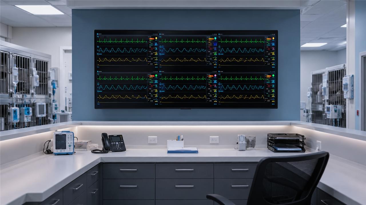 Veterinary ICU central monitoring station showing aggregated patient vital signs from multiple cage monitors