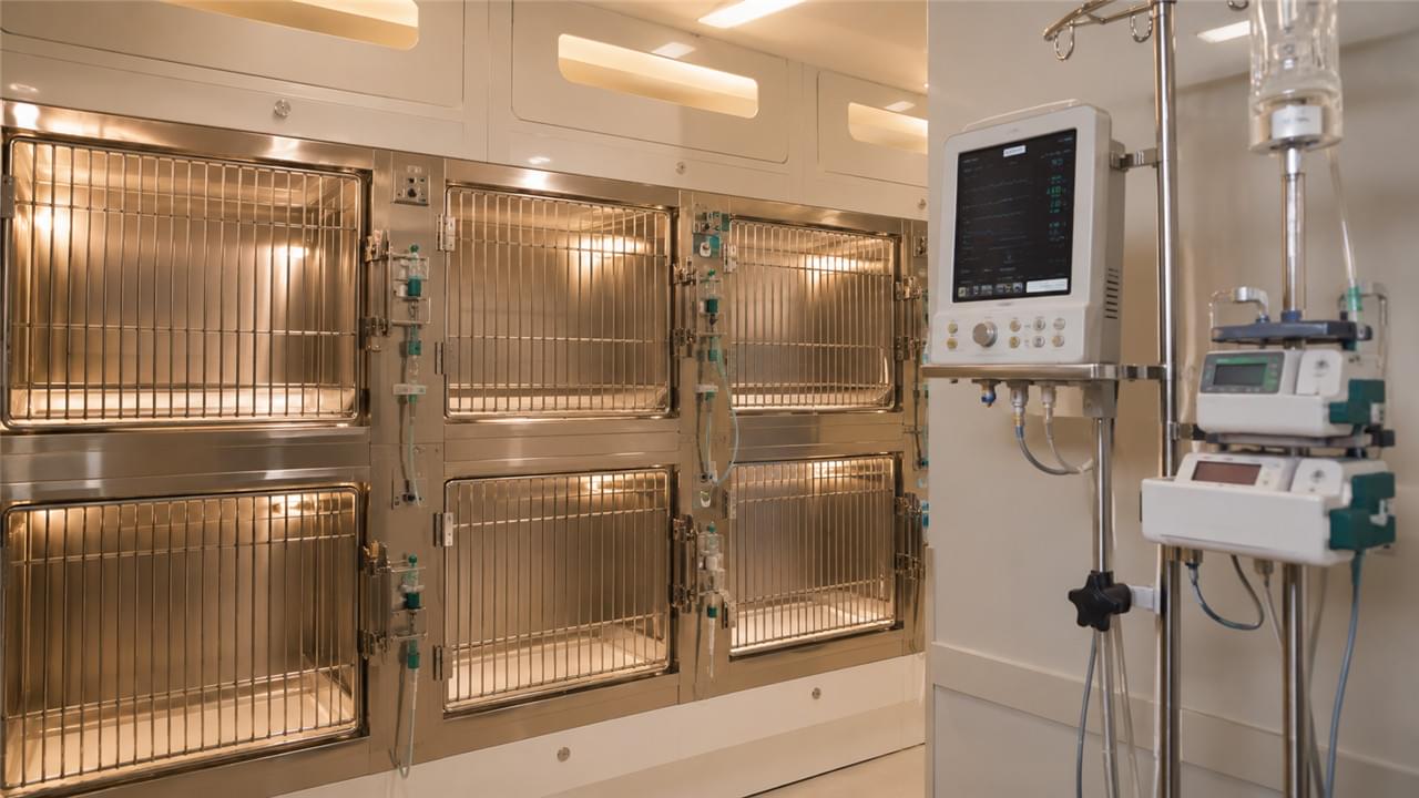 Veterinary ICU and critical care equipment showing multi-parameter monitor, ICU cage system, and fluid management pumps