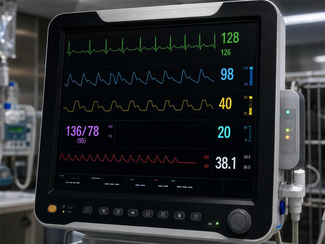 Veterinary ICU monitoring system showing multi-parameter vital signs display with ECG SpO2 and blood pressure waveforms