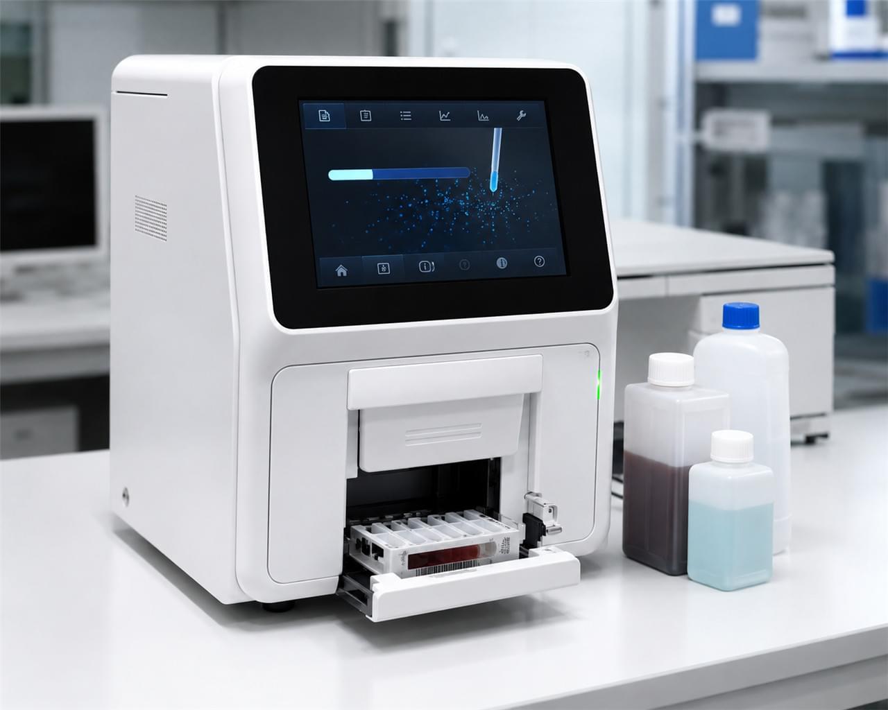 Veterinary in-house laboratory analyzer with reagent cartridges showing setup for daily CBC and chemistry testing