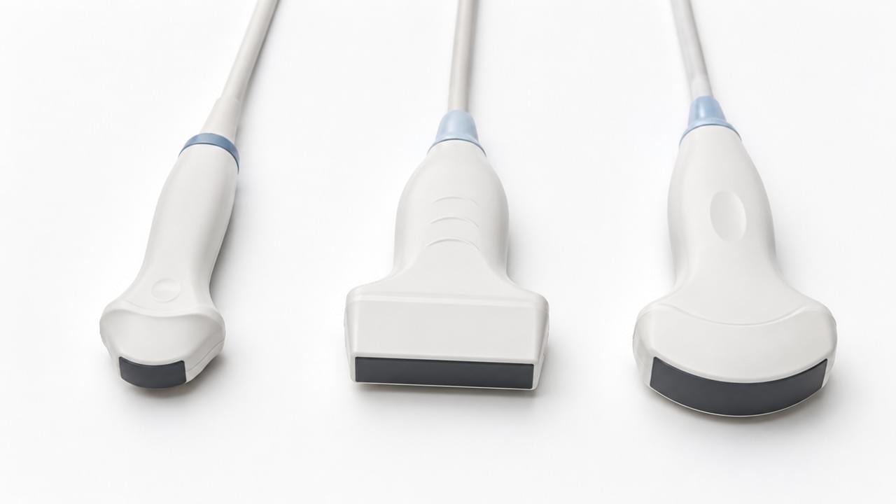Comparación de tipos de sondas de ultrasonido veterinario que muestra sondas microconvexas, lineales y de arreglo de fases para diferentes aplicaciones clínicas