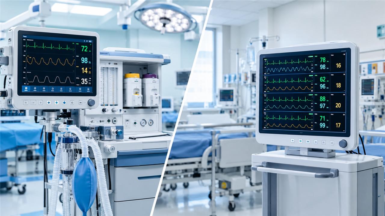 Anesthesia monitoring vs ICU monitoring key differences showing side-by-side comparison of veterinary patient monitor types