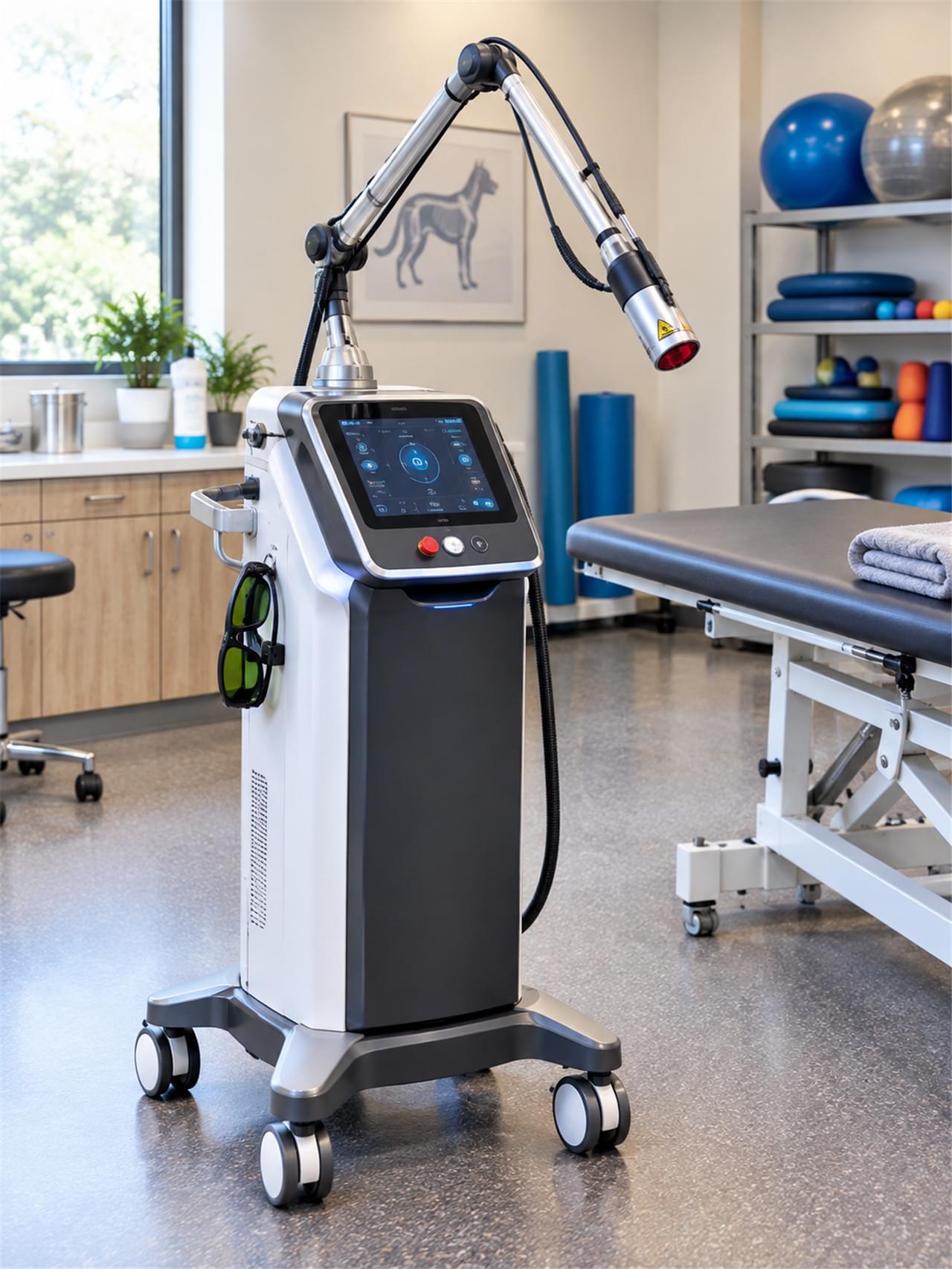 Équipement de thérapie laser de classe IV pour la rééducation vétérinaire montrant une unité de traitement par photobiomodulation
