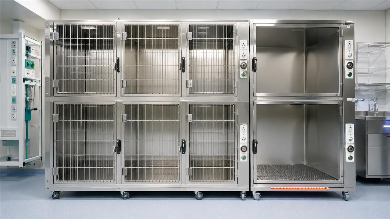 ICU cage systems and temperature control in veterinary care showing modular stainless steel cages with heating and oxygen ports