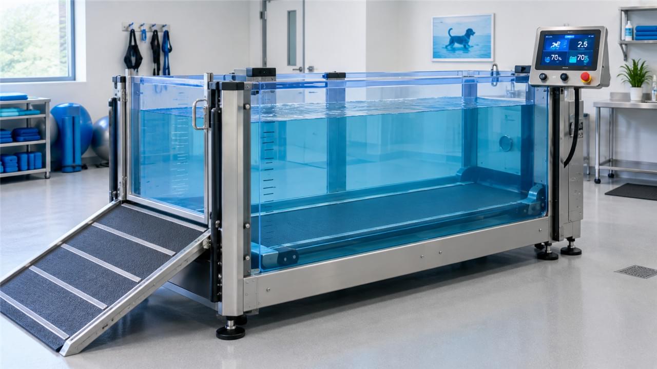 Underwater treadmill in veterinary rehabilitation showing water-filled chamber with motorized belt for post-operative gait therapy