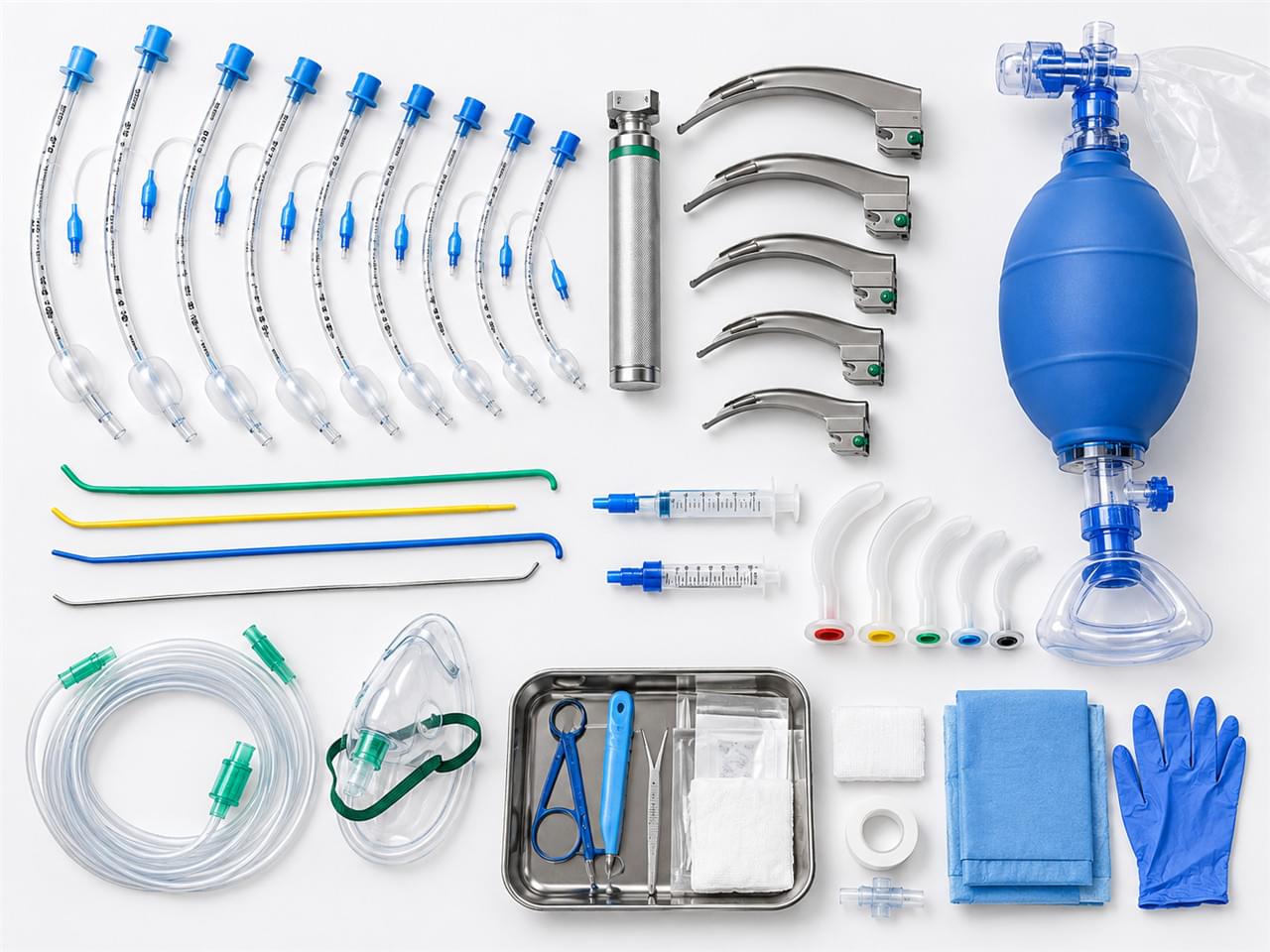 Veterinary crash cart airway management kit showing laryngoscope endotracheal tube set and manual resuscitation bag