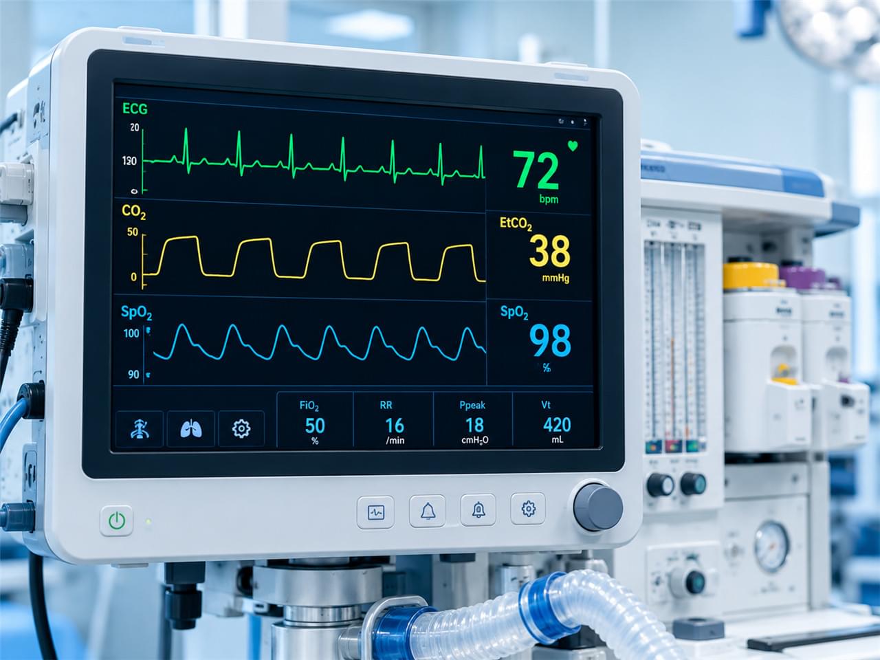 Visualización de capnografía EtCO2 veterinaria en monitor de anestesia que muestra forma de onda durante la monitorización de anestesia general