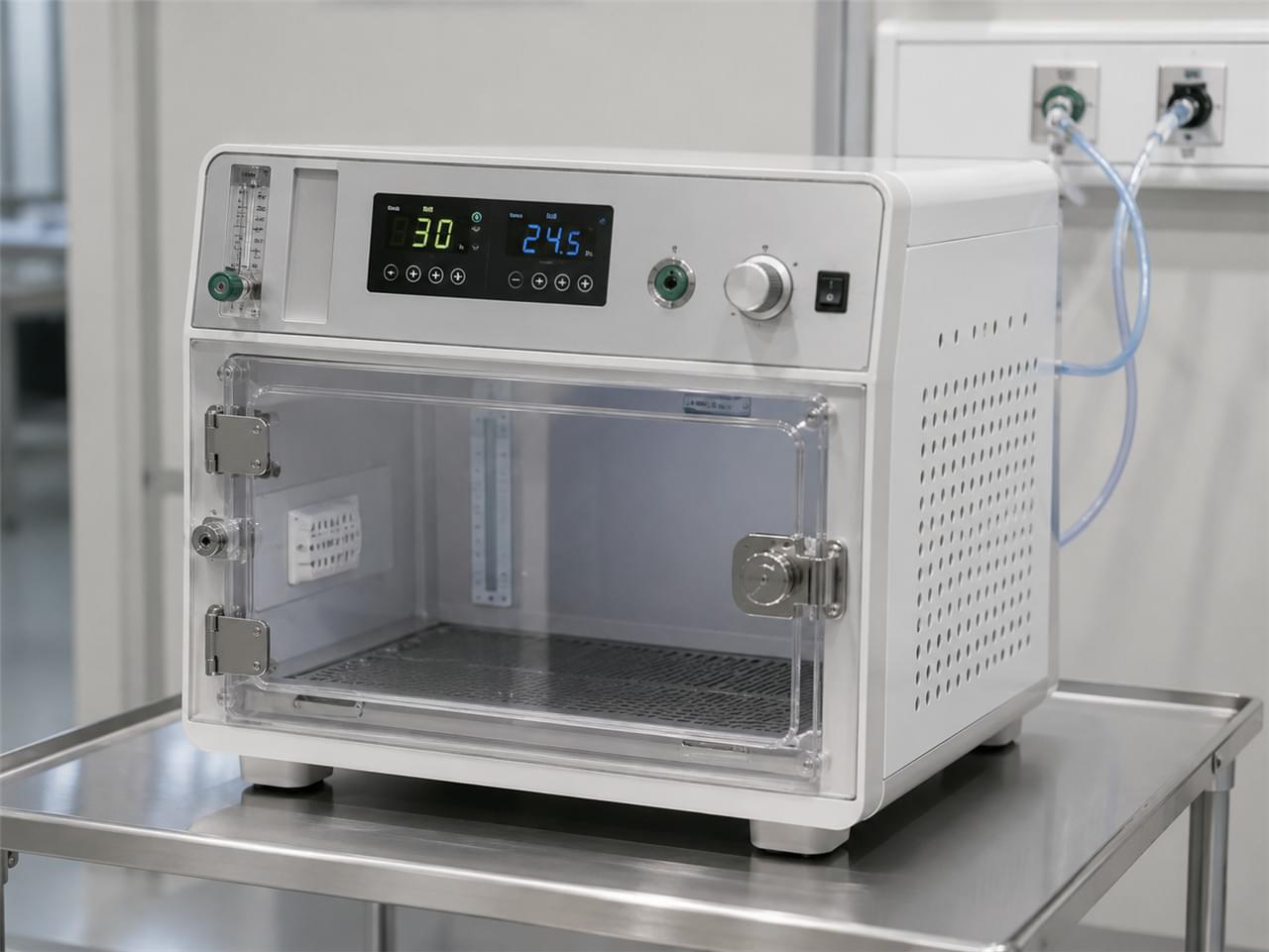 Veterinary oxygen cage with environmental temperature and FiO2 control for ICU critical care respiratory patients