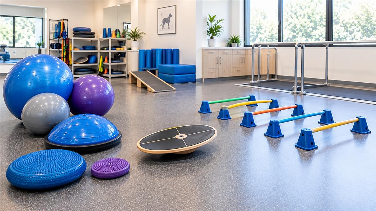 Équipement de rééducation vétérinaire pour l'équilibre et la proprioception comprenant des planches d'équilibre, des ballons de physiothérapie et des barres cavaletti