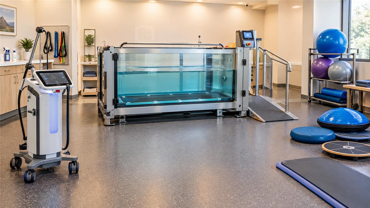 Unité d'hydrothérapie par tapis roulant sous l'eau vétérinaire pour la rééducation post-opératoire montrant une chambre remplie d'eau et un tapis roulant