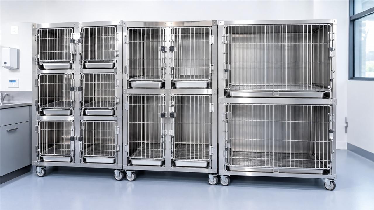 How to choose veterinary cages and hospital housing systems showing stainless steel modular cage bank with drainage and door options