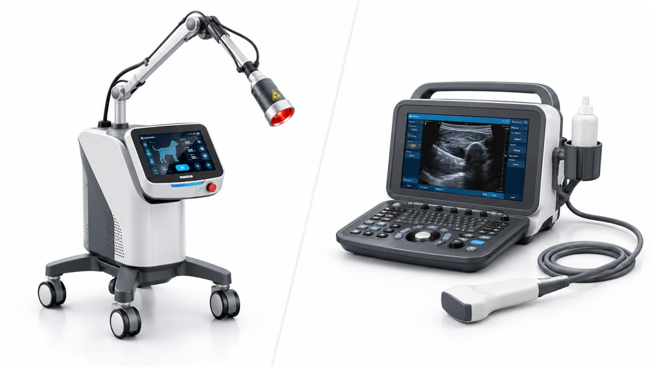 Laser therapy vs ultrasound therapy in veterinary use showing Class IV laser unit and therapeutic ultrasound device comparison