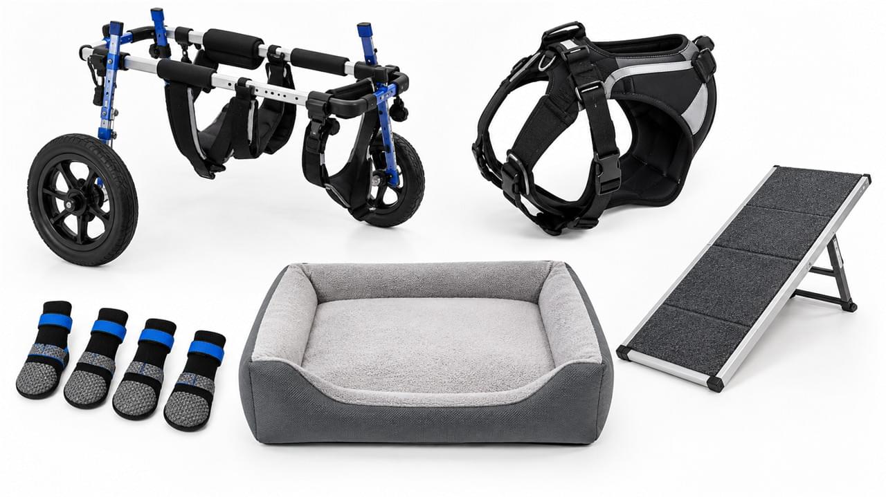 Rehabilitation aids for senior and mobility-impaired animals including rear-wheel mobility cart harness and orthopedic bedding
