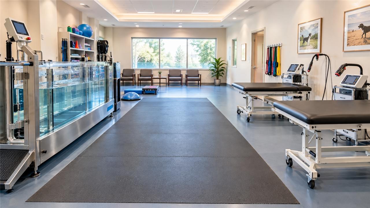 Setting up a veterinary rehabilitation room showing underwater treadmill floor plan exercise area and treatment stations