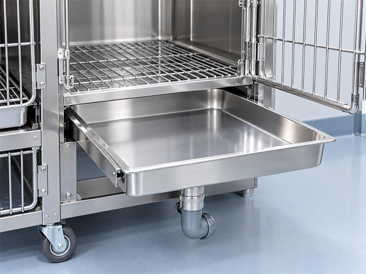 Veterinary cage drainage system showing removable stainless steel drain pan and floor drain connection for easy cleaning