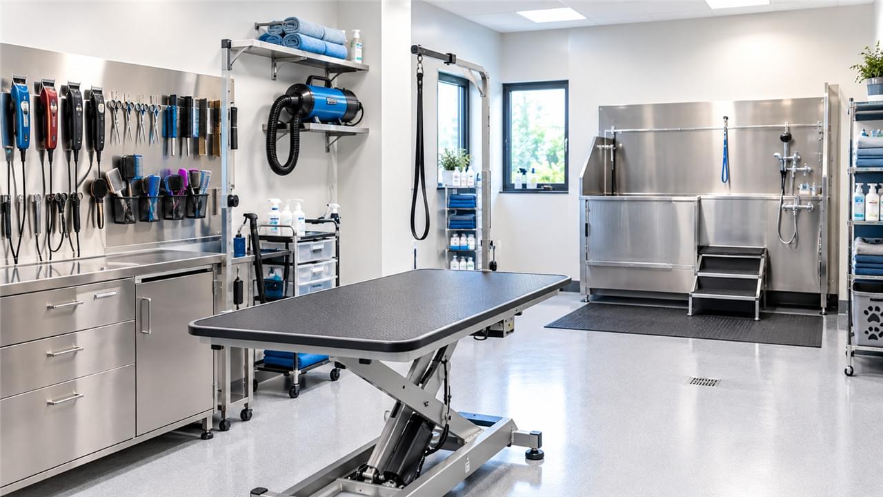 Veterinary grooming equipment setup including height-adjustable grooming table clippers and high-velocity dryer