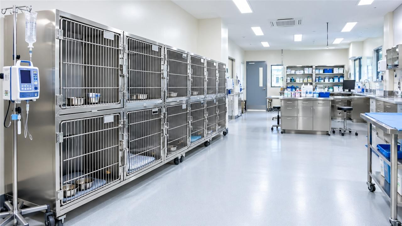 Veterinary nursing housing and daily care equipment showing modular cage ward treatment station and grooming area