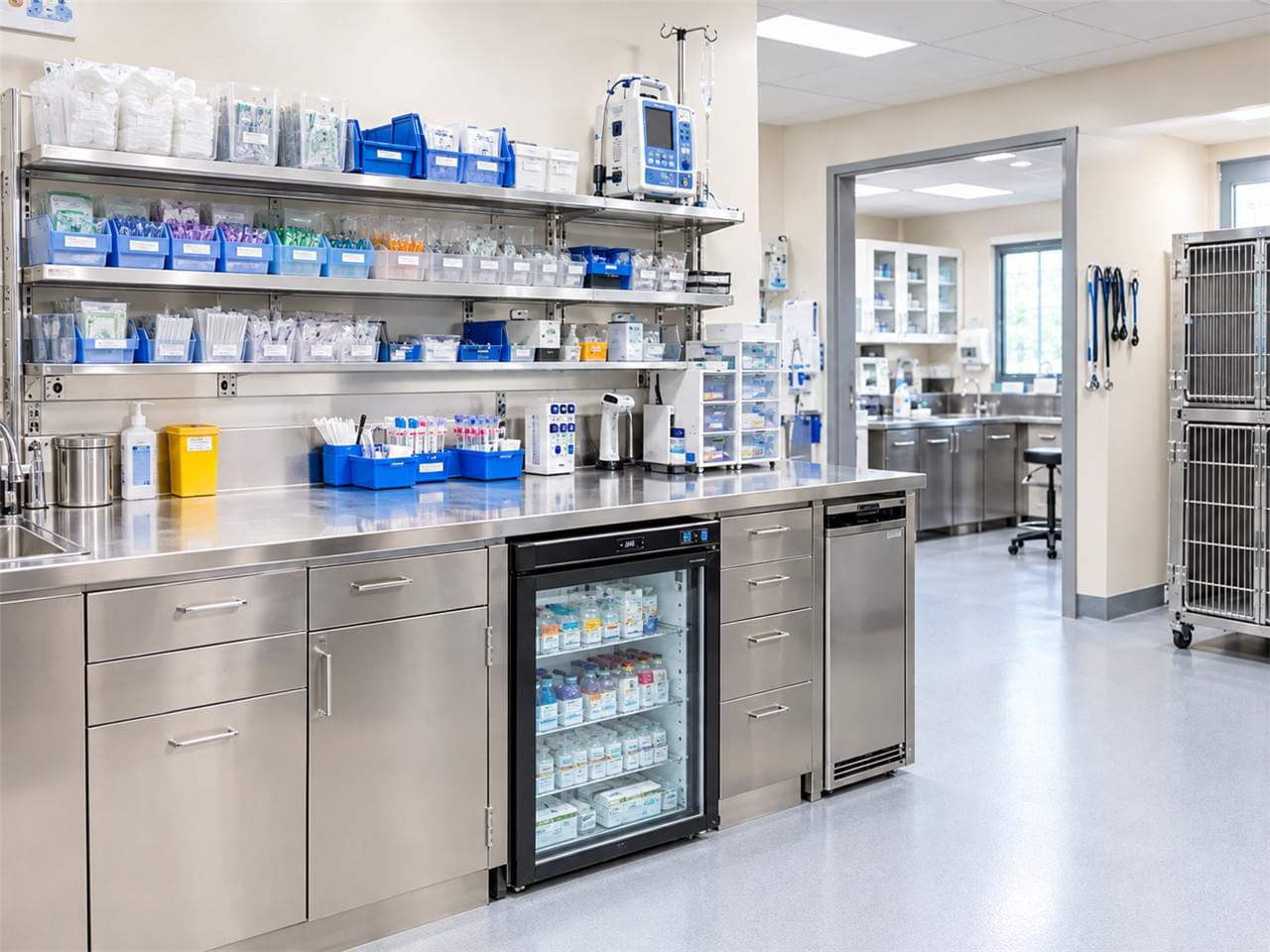 Veterinary nursing station treatment equipment including IV pumps drug refrigerator and wound care supplies