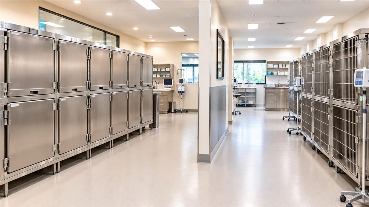 Veterinary ward cage system with privacy panels and species-separated housing for stress reduction in hospitalized animals